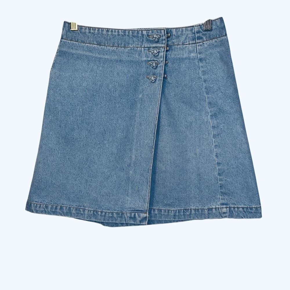 Vintage 90s Bill Blass Miniskirt SZ 6 Light Wash knot buttons
